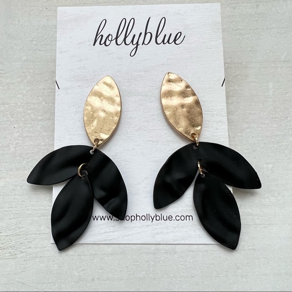 Black Color Coated Metal and Gold Tone Floral Earrings - Picture 5 of 9